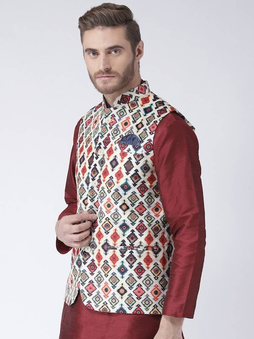 Men's Multicoloured 
Cotton Blend
 Printed Nehru Jackets